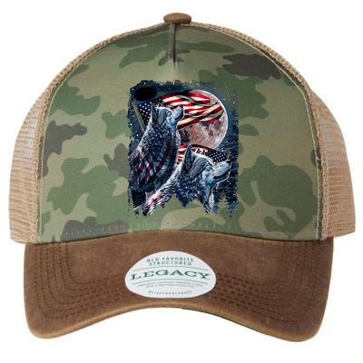 Wolf 4th Of July American Flag Howling Wolves Under Moon Legacy Tie Dye Trucker Hat