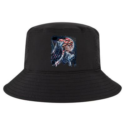 Wolf 4th Of July American Flag Howling Wolves Under Moon Cool Comfort Performance Bucket Hat