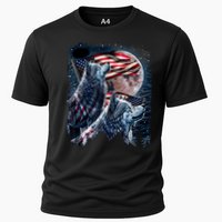 Wolf 4th Of July American Flag Howling Wolves Under Moon Cooling Performance Crew T-Shirt