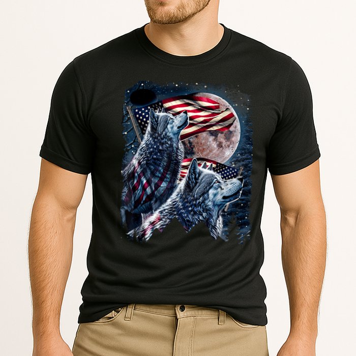 Wolf 4th Of July American Flag Howling Wolves Under Moon Cooling Performance Crew T-Shirt