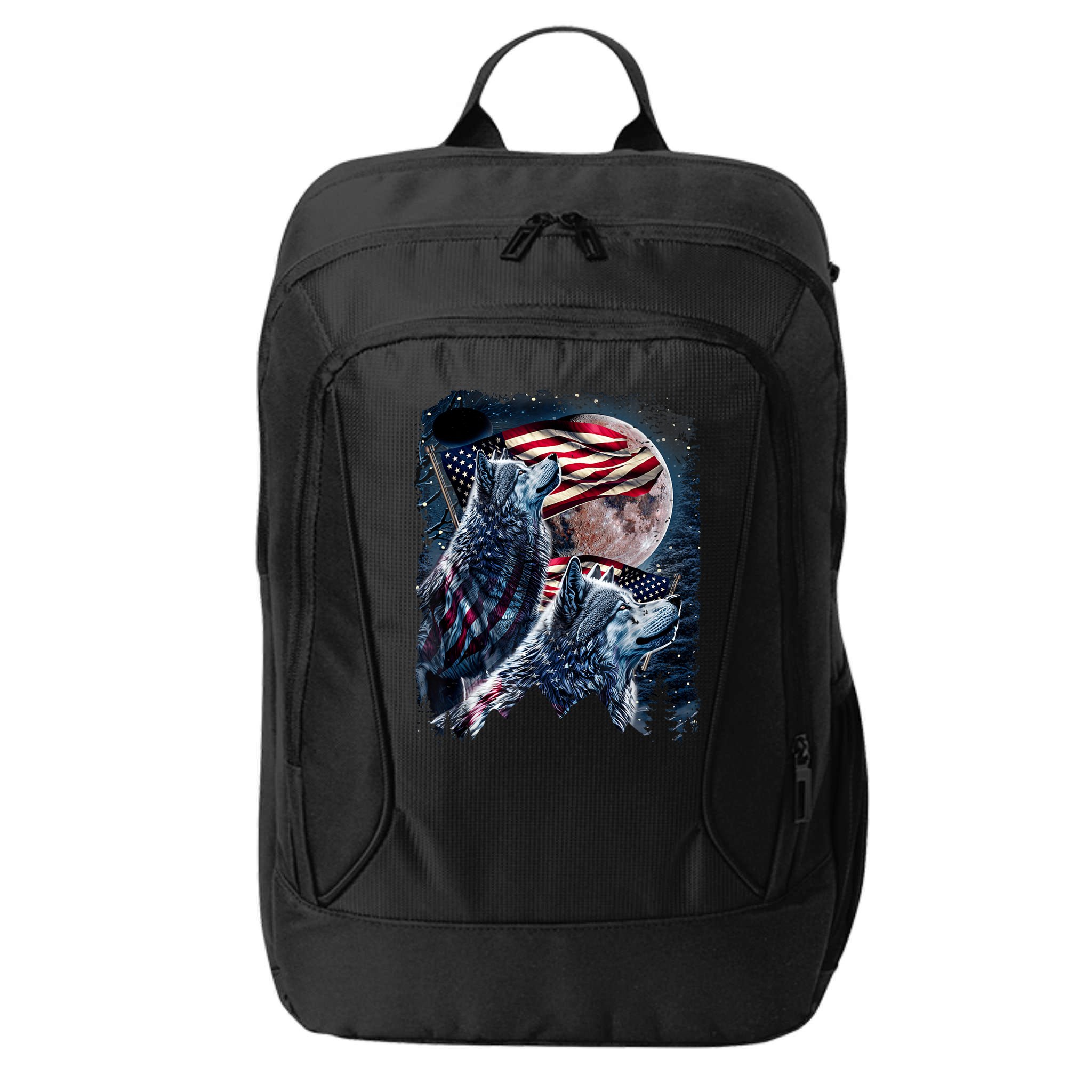 Wolf 4th Of July American Flag Howling Wolves Under Moon City Backpack