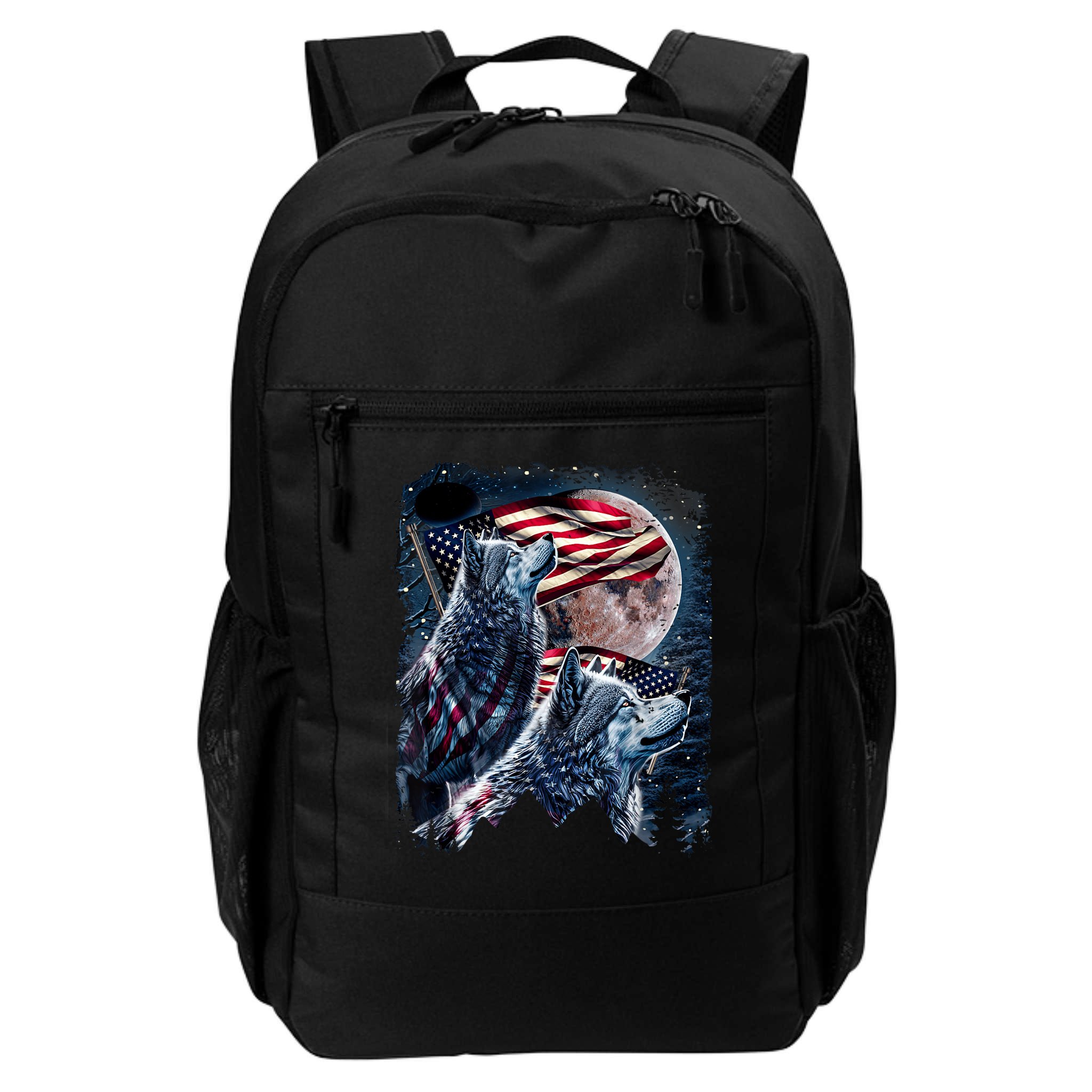 Wolf 4th Of July American Flag Howling Wolves Under Moon Backpack