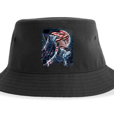 Wolf 4th Of July American Flag Howling Wolves Under Moon Sustainable Bucket Hat