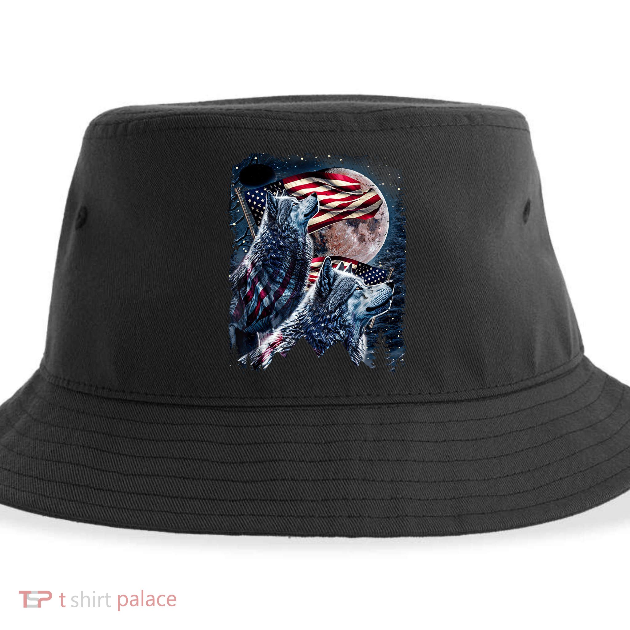 Wolf 4th Of July American Flag Howling Wolves Under Moon Sustainable Bucket Hat
