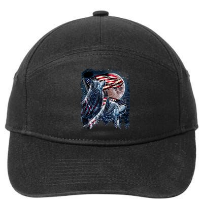 Wolf 4th Of July American Flag Howling Wolves Under Moon 7-Panel Snapback Hat