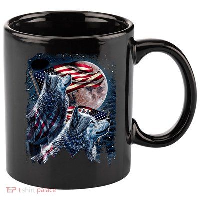 Wolf 4th Of July American Flag Howling Wolves Under Moon 11oz C Handle Ceramic Mug