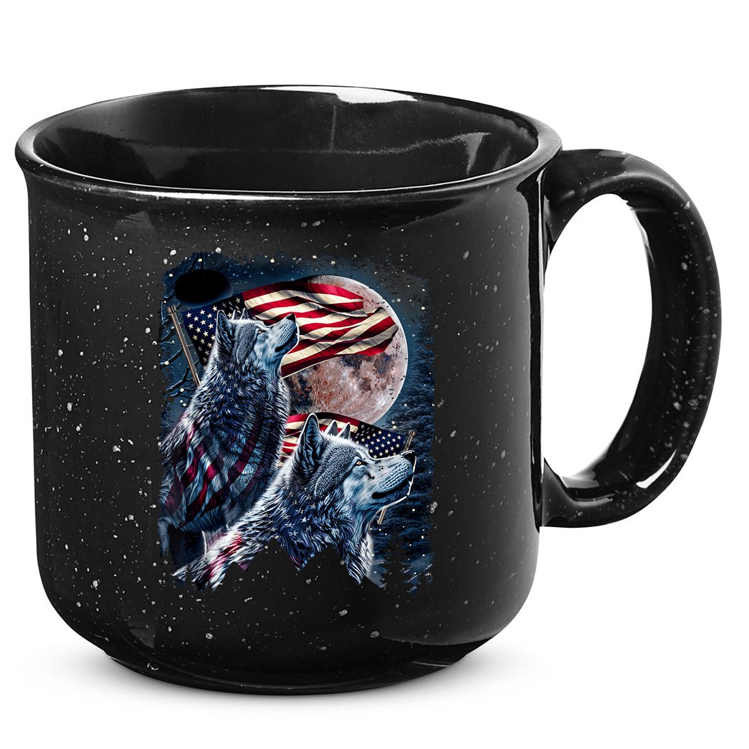 Wolf 4th Of July American Flag Howling Wolves Under Moon 15oz Campfire Ceramic Mug