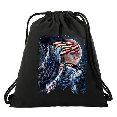 Wolf 4th Of July American Flag Howling Wolves Under Moon Drawstring Bag