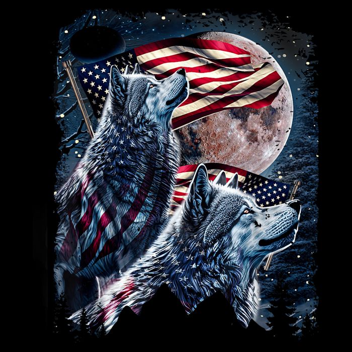 Wolf 4th Of July American Flag Howling Wolves Under Moon Drawstring Bag