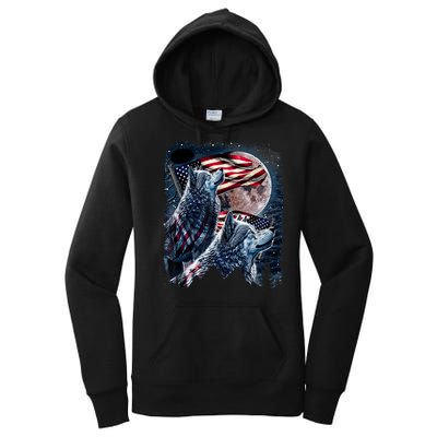 Wolf 4th Of July American Flag Howling Wolves Under Moon Women's Pullover Hoodie