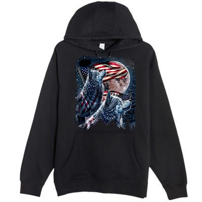 Wolf 4th Of July American Flag Howling Wolves Under Moon Premium Pullover Hoodie
