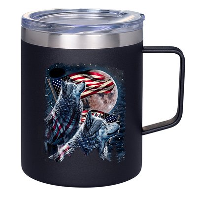 Wolf 4th Of July American Flag Howling Wolves Under Moon 12oz Stainless Steel Coffee Mug