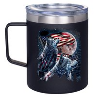 Wolf 4th Of July American Flag Howling Wolves Under Moon 12oz Stainless Steel Coffee Mug