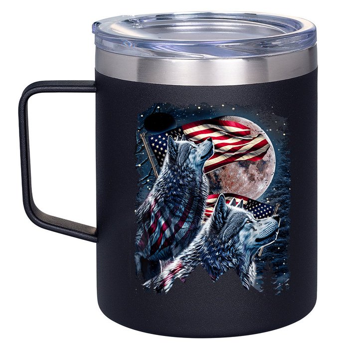 Wolf 4th Of July American Flag Howling Wolves Under Moon 12oz Stainless Steel Coffee Mug