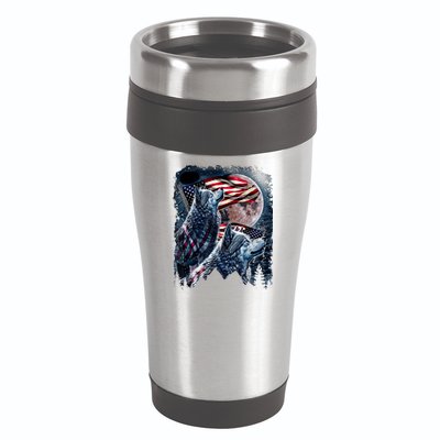 Wolf 4th Of July American Flag Howling Wolves Under Moon 16oz Travel Tumbler