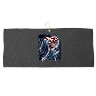 Wolf 4th Of July American Flag Howling Wolves Under Moon Large Microfiber Waffle Golf Towel