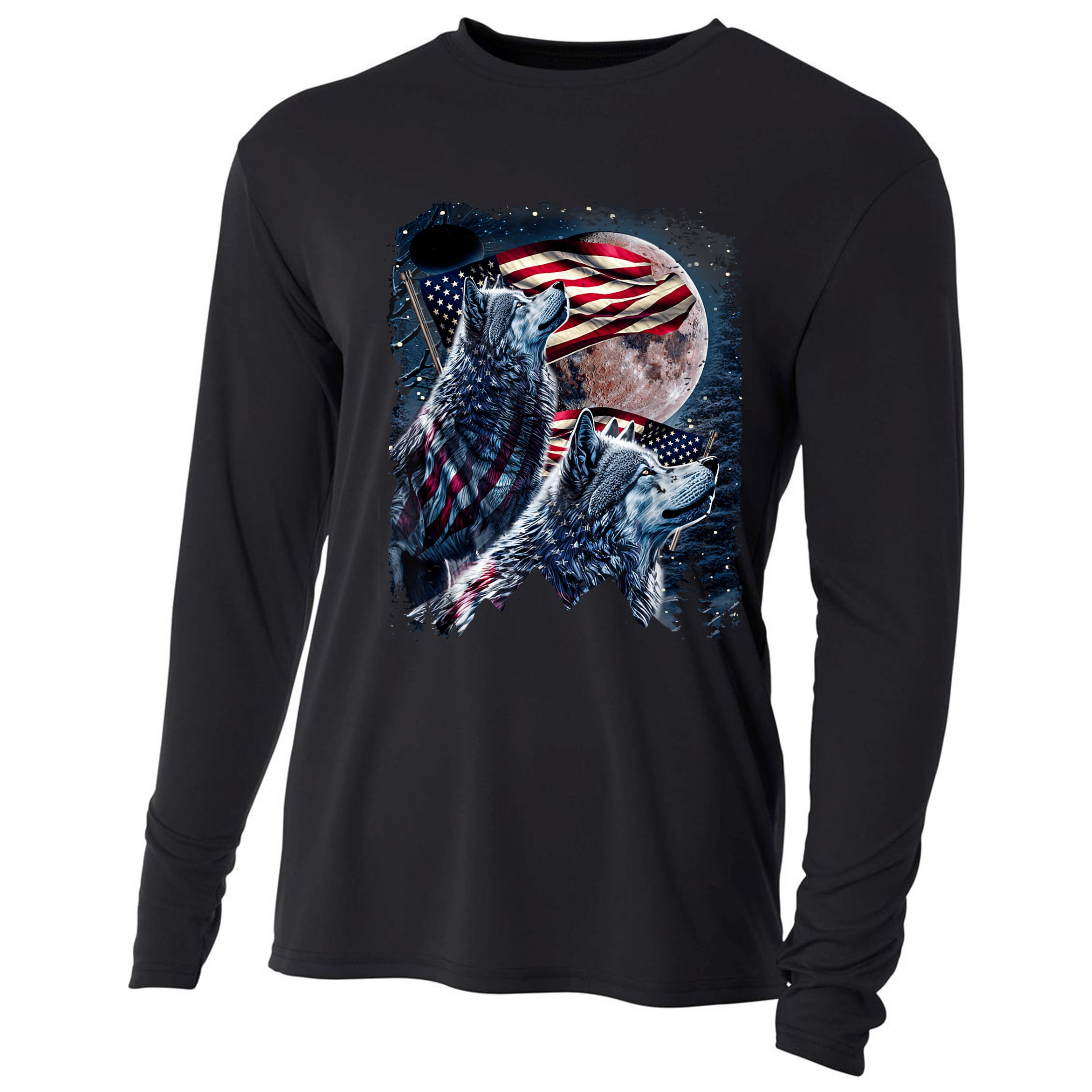 Wolf 4th Of July American Flag Howling Wolves Under Moon Cooling Performance Long Sleeve Crew