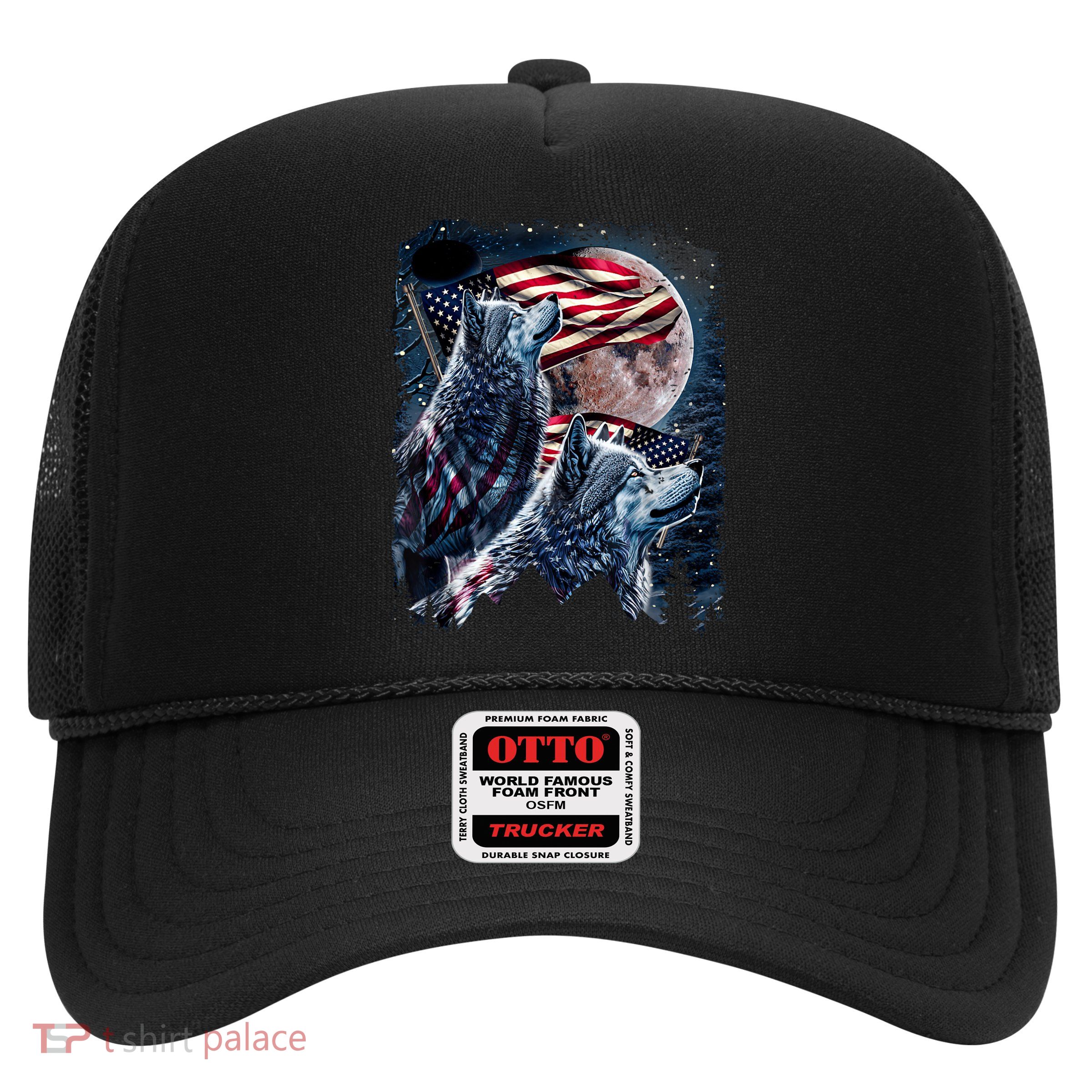 Wolf 4th Of July American Flag Howling Wolves Under Moon Trucker Hat