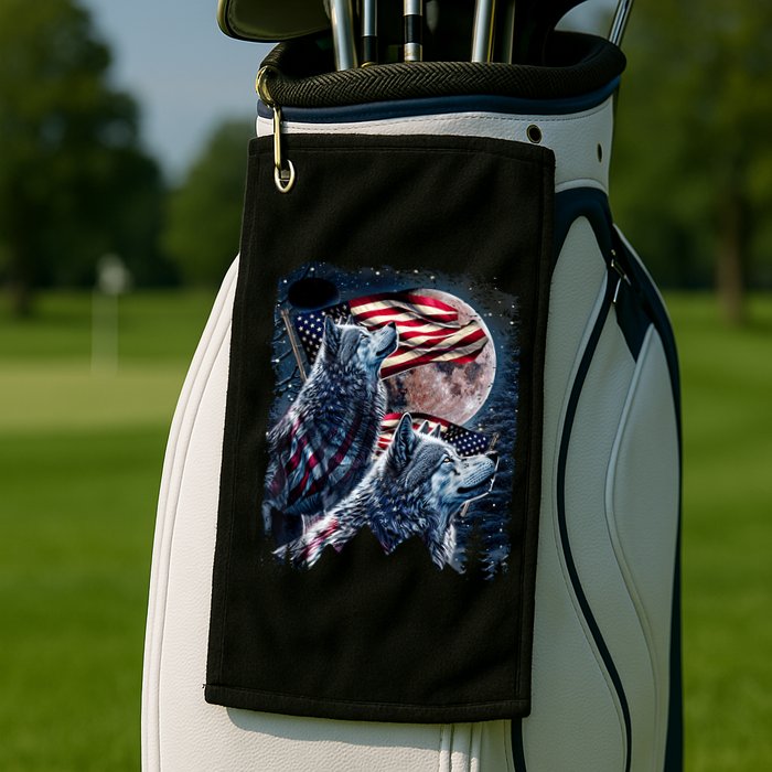 Wolf 4th Of July American Flag Howling Wolves Under Moon Golf Towel