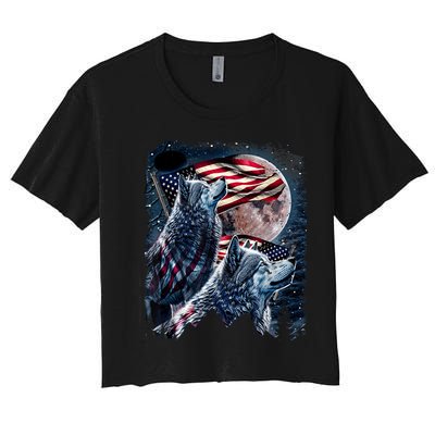 Wolf 4th Of July American Flag Howling Wolves Under Moon Crop Top