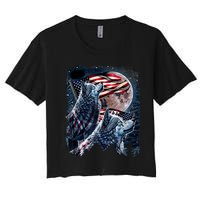 Wolf 4th Of July American Flag Howling Wolves Under Moon Women's Crop Top Tee