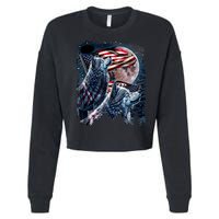 Wolf 4th Of July American Flag Howling Wolves Under Moon Cropped Pullover Crew