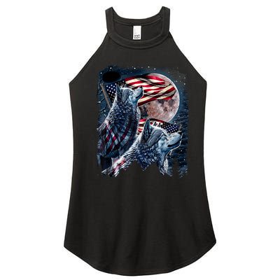 Wolf 4th Of July American Flag Howling Wolves Under Moon Women's Perfect Tri Rocker Tank