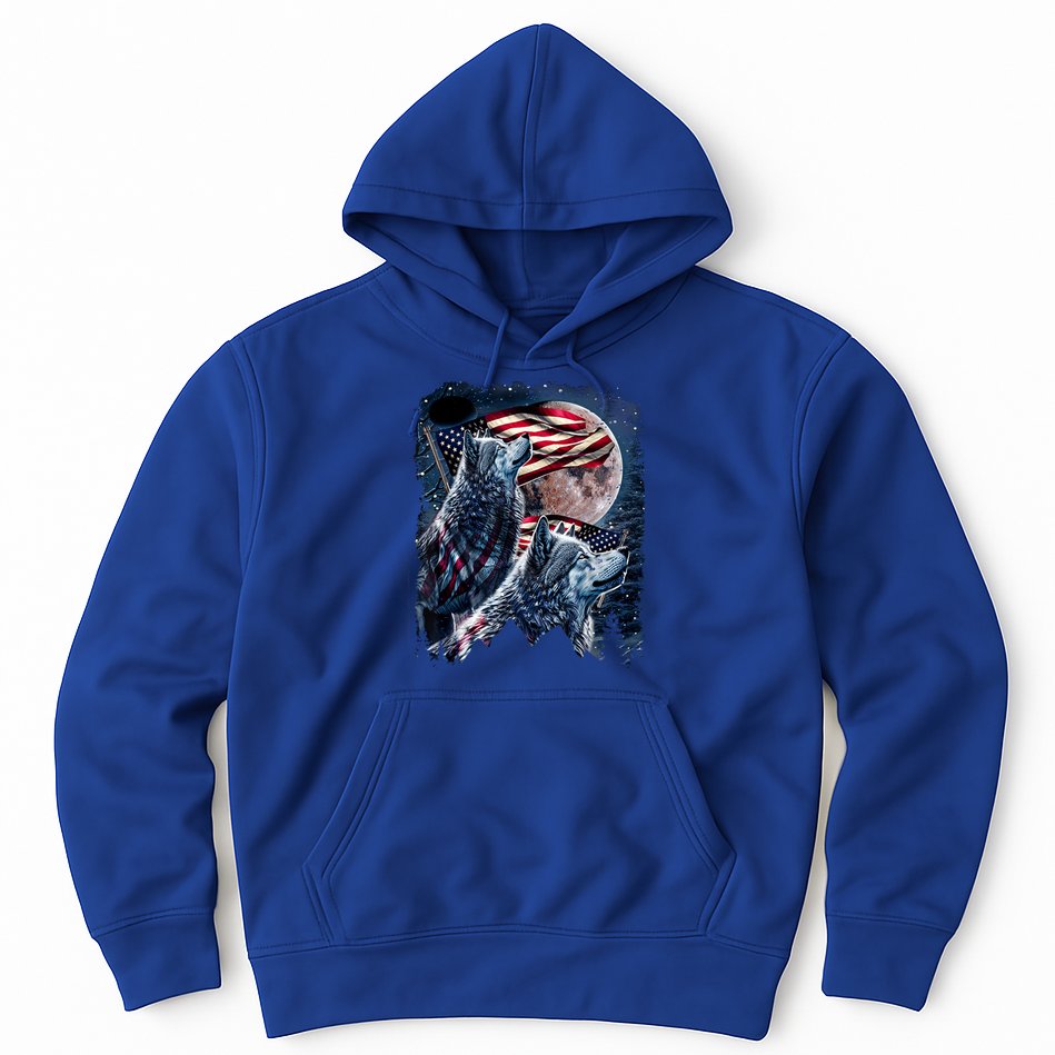Wolf 4th Of July American Flag Howling Wolves Under Moon Hoodie