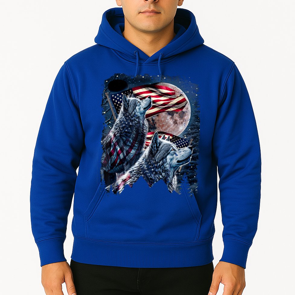 Wolf 4th Of July American Flag Howling Wolves Under Moon Hoodie