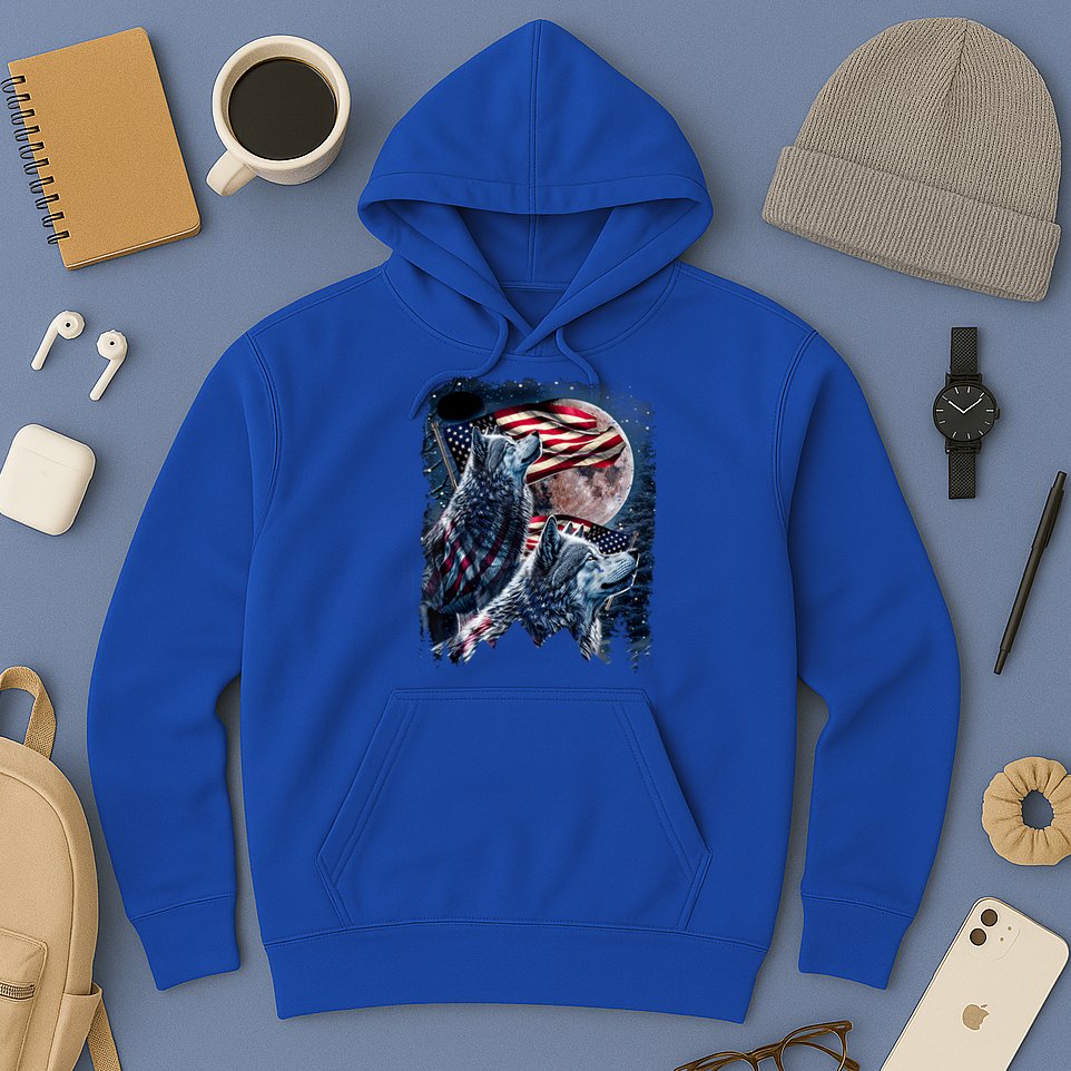 Wolf 4th Of July American Flag Howling Wolves Under Moon Hoodie