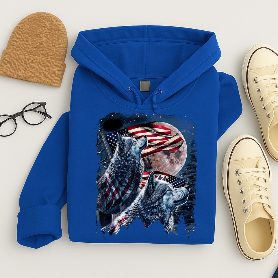 Wolf 4th Of July American Flag Howling Wolves Under Moon Hoodie