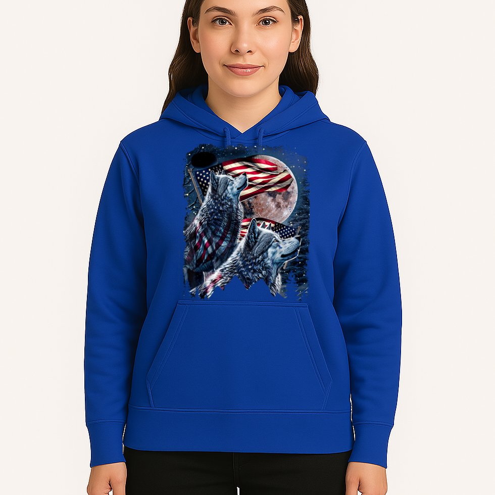Wolf 4th Of July American Flag Howling Wolves Under Moon Hoodie