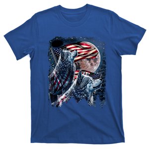 Wolf 4th Of July American Flag Howling Wolves Under Moon T-Shirt