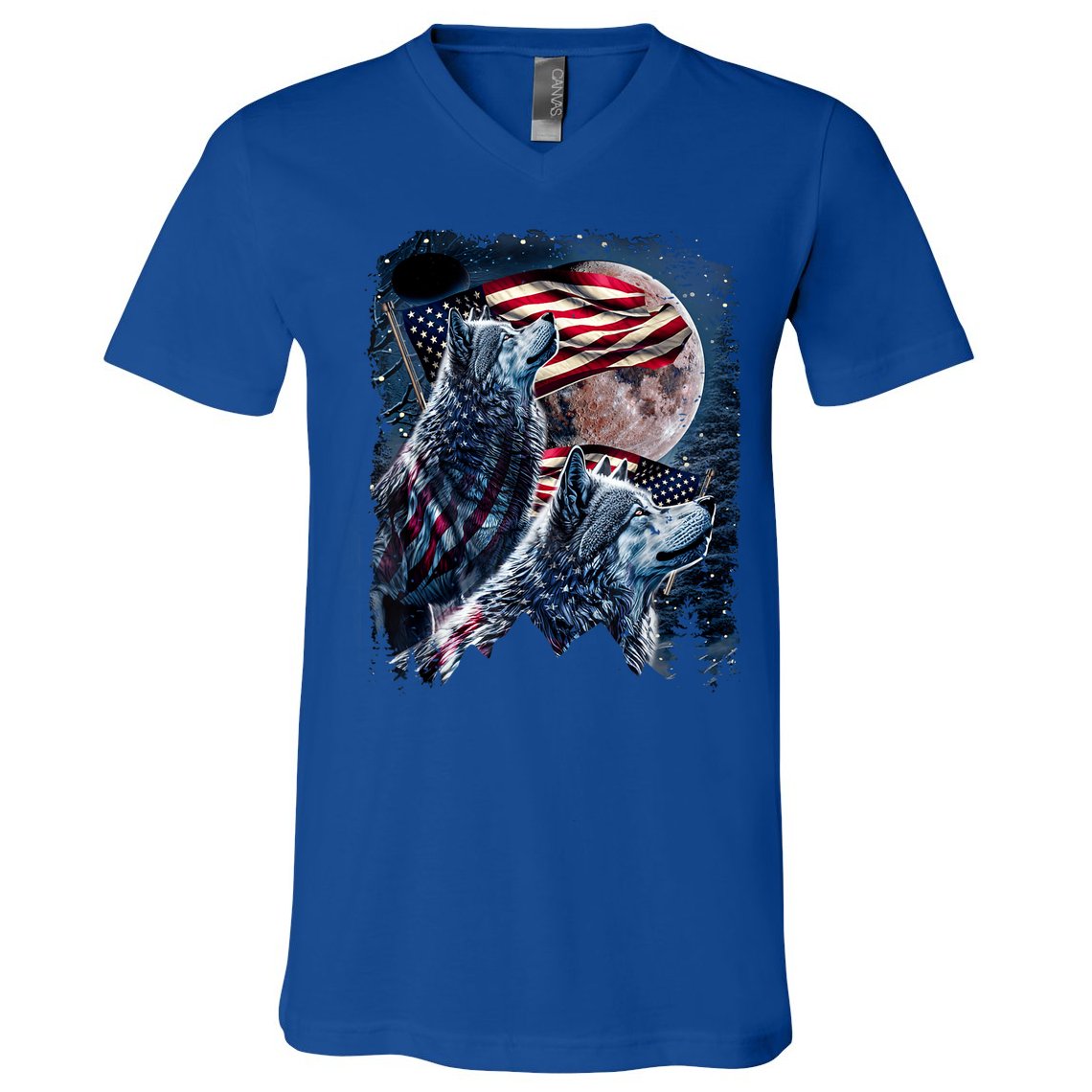 Wolf 4th Of July American Flag Howling Wolves Under Moon V-Neck T-Shirt