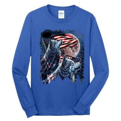 Wolf 4th Of July American Flag Howling Wolves Under Moon Tall Long Sleeve T-Shirt