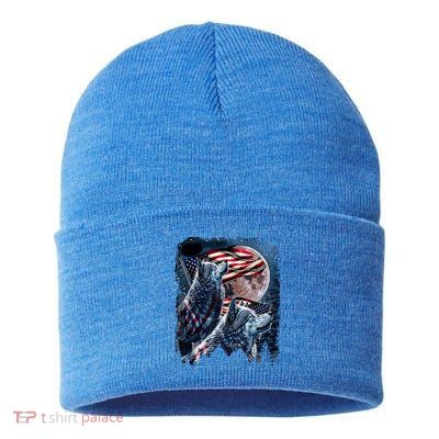 Wolf 4th Of July American Flag Howling Wolves Under Moon Sustainable Knit Beanie