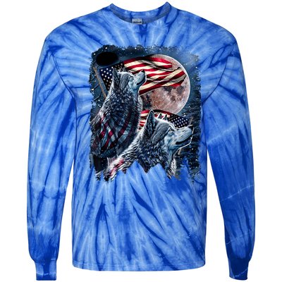 Wolf 4th Of July American Flag Howling Wolves Under Moon Tie-Dye Long Sleeve Shirt