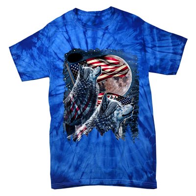 Wolf 4th Of July American Flag Howling Wolves Under Moon Tie-Dye T-Shirt