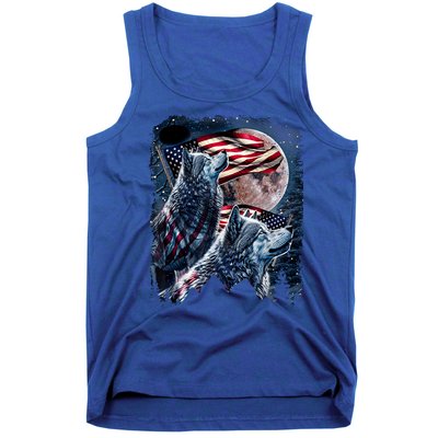 Wolf 4th Of July American Flag Howling Wolves Under Moon Tank Top