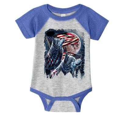 Wolf 4th Of July American Flag Howling Wolves Under Moon Infant Baby Jersey Bodysuit
