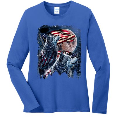 Wolf 4th Of July American Flag Howling Wolves Under Moon Ladies Long Sleeve Shirt