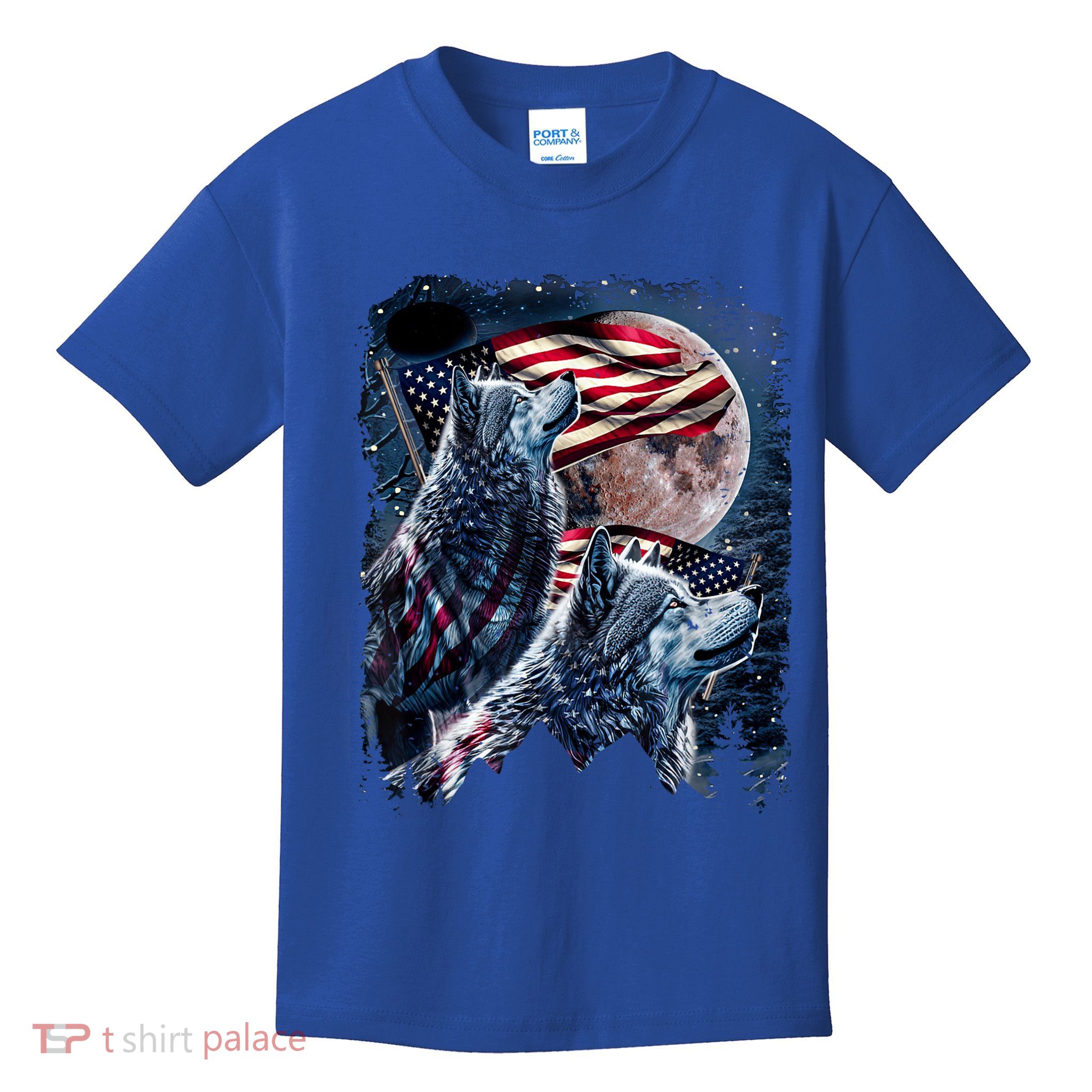 Wolf 4th Of July American Flag Howling Wolves Under Moon Kids T-Shirt