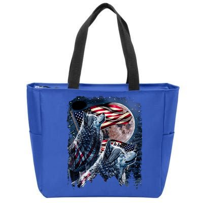 Wolf 4th Of July American Flag Howling Wolves Under Moon Zip Tote Bag