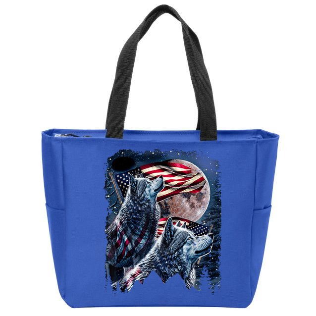 Wolf 4th Of July American Flag Howling Wolves Under Moon Zip Tote Bag