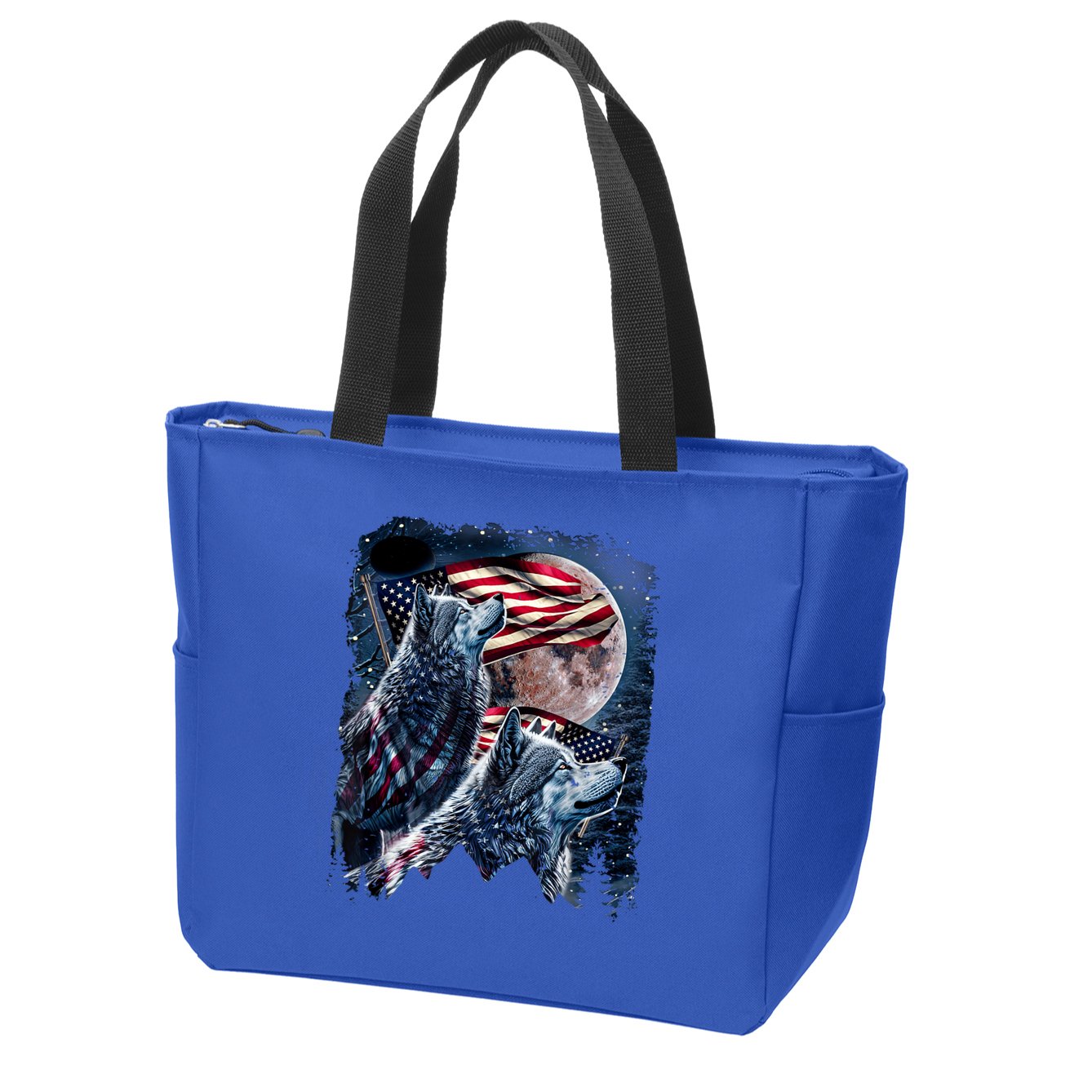 Wolf 4th Of July American Flag Howling Wolves Under Moon Zip Tote Bag