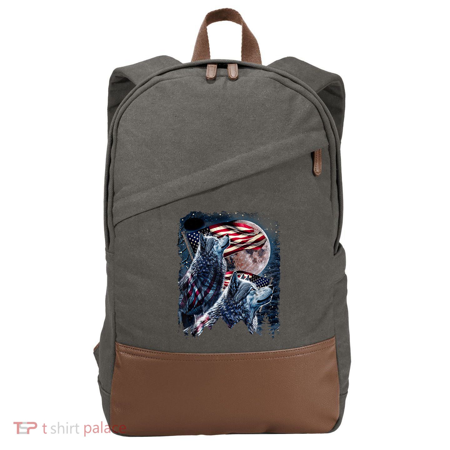 Wolf 4th Of July American Flag Howling Wolves Under Moon Cotton Canvas Backpack
