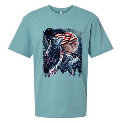 Wolf 4th Of July American Flag Howling Wolves Under Moon Sueded Cloud Jersey T-Shirt