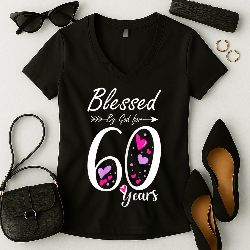 WoM.e.ns 60th Birthday Tee Gift and Blessed for 60 Years Birthday Women's V-Neck T-Shirt