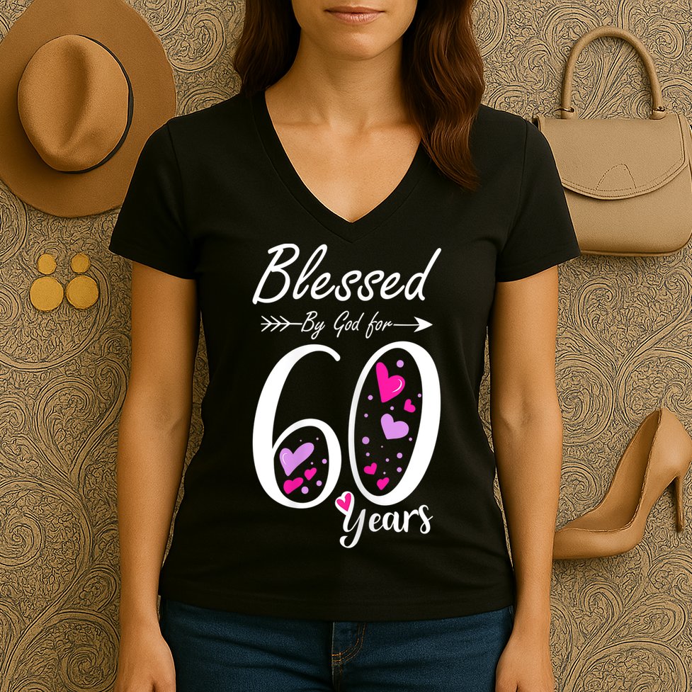 WoM.e.ns 60th Birthday Tee Gift and Blessed for 60 Years Birthday Women's V-Neck T-Shirt