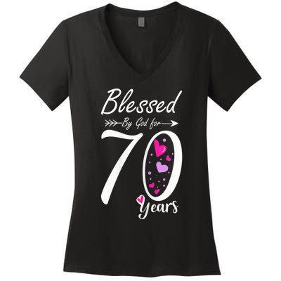 Wo 70th Birthday Tee Gift and Blessed for 70 Years Birthday Women's V-Neck T-Shirt